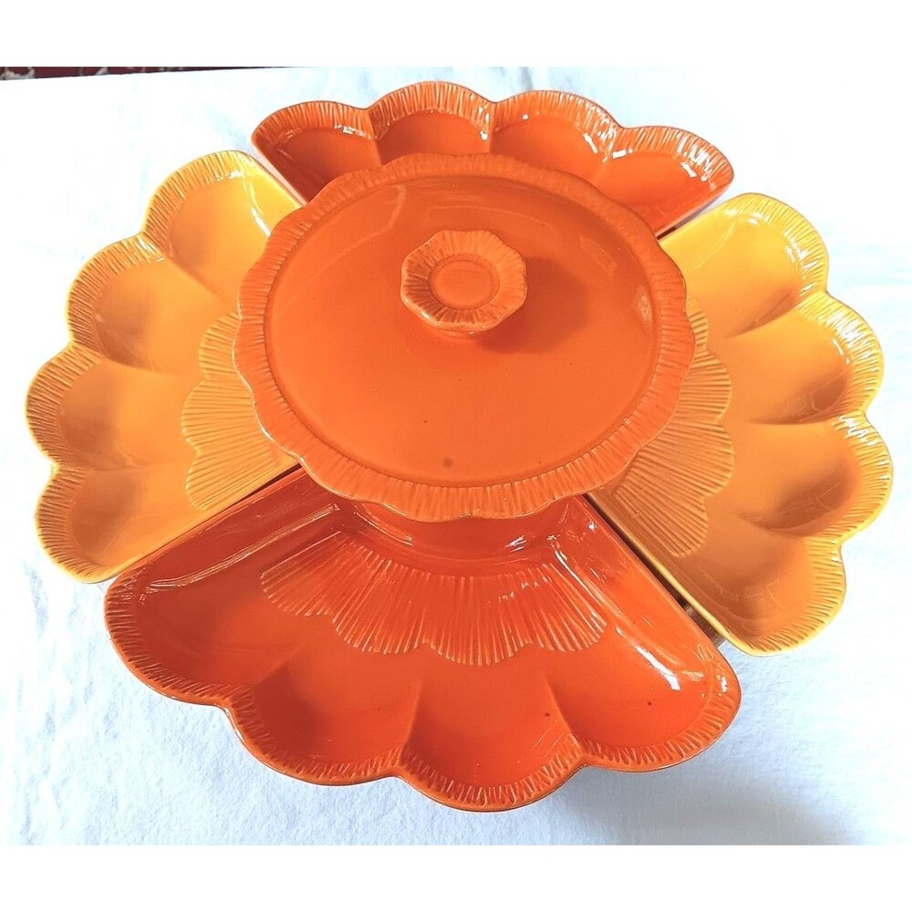 Vtg California Pottery Lazy Susan Sunflower Orange & Gold in Original Box